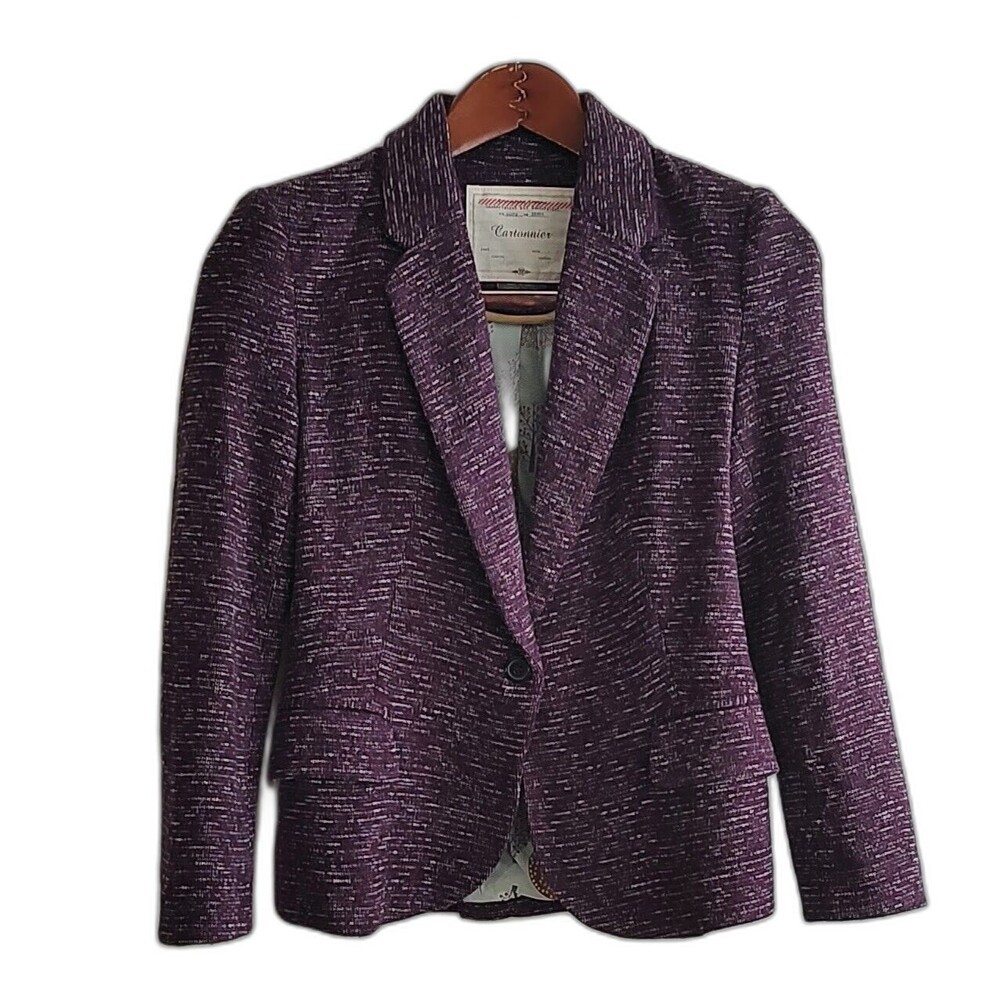 Anthropologie Cartonnier Purple Knit Blazer Size XSP One button Long Sleeve